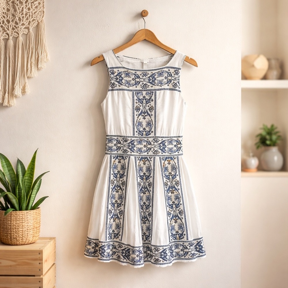 Sophie Max White Navy Embroidered Cotton Sleeveless‎ Dress Size L Boho Beachy
